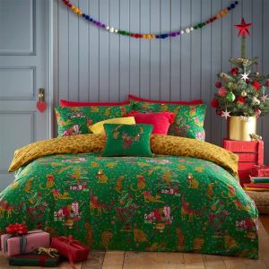 Purrfect Christmas Duvet Cover Set Green/Gold By RIVA