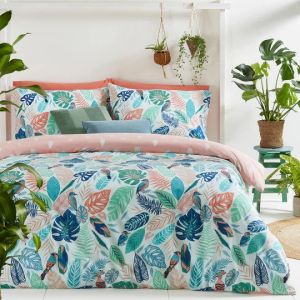 Guava Tropical Leaf Duvet Cover Set Green/Pink By RIVA