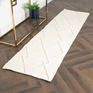 Cream Diamond Pattern Runner Wool Rug by Native