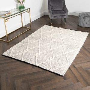 Cream & Black Diamond Pattern Large Wool Rug by Native