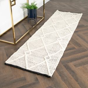 Cream & Black Diamond Pattern Runner Wool Rug  by Native