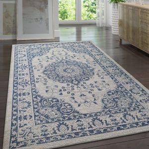 Cotton Rug Grey Navy Blue Oriental by Viva Rug