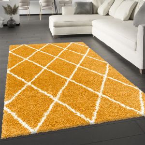 Mustard Fluffy Shaggy Rug Diamond Geometric  by Viva Rug 