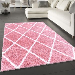 Pink Fluffy Shaggy Rug Diamond Geometric  by Viva Rug 