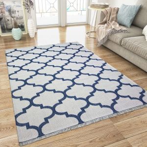 Cotton Rug Cream Navy Blue Trellis Pattern with Tassels by Viva Rug