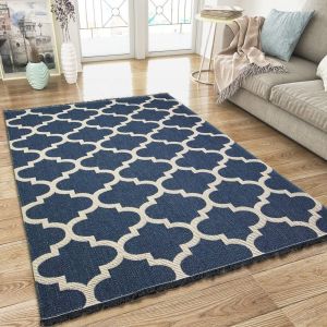 Cotton Rugs Navy Blue Trellis Pattern with Tassels by Viva Rug