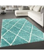 Teal Light Blue Fluffy Shaggy Rug Diamond Geometric by Viva Rug