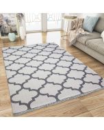 Cotton Rug Cream Grey Trellis Pattern with Tassels by Viva Rug