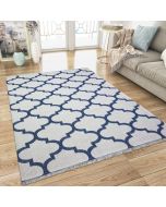 Cotton Rug Cream Navy Blue Trellis Pattern with Tassels by Viva Rug