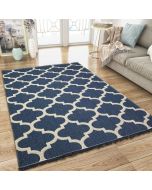 Cotton Rugs Navy Blue Trellis Pattern with Tassels by Viva Rug